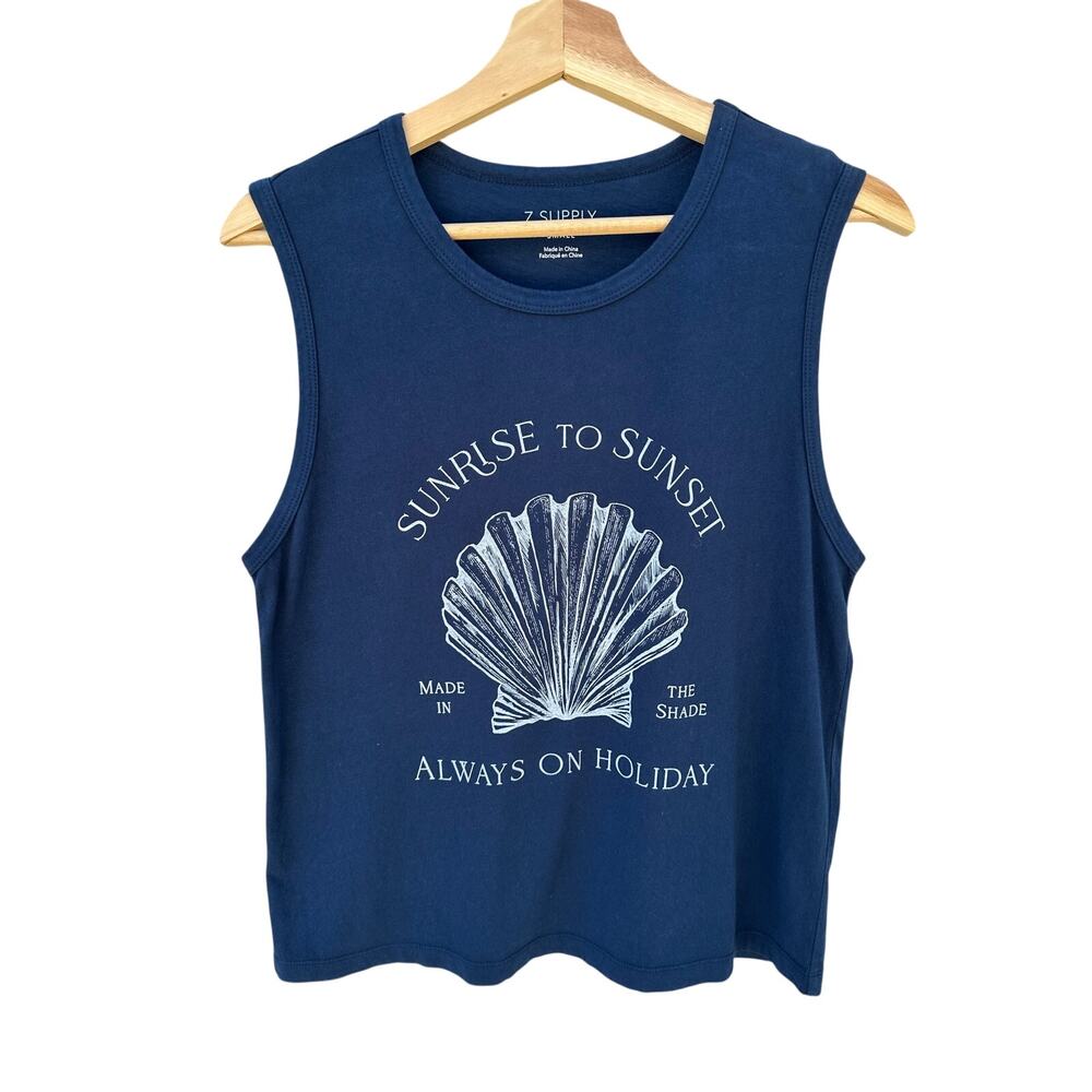 Z Supply Graphic Top Sunrise to Sunset Seashell Navy Blue Size Small